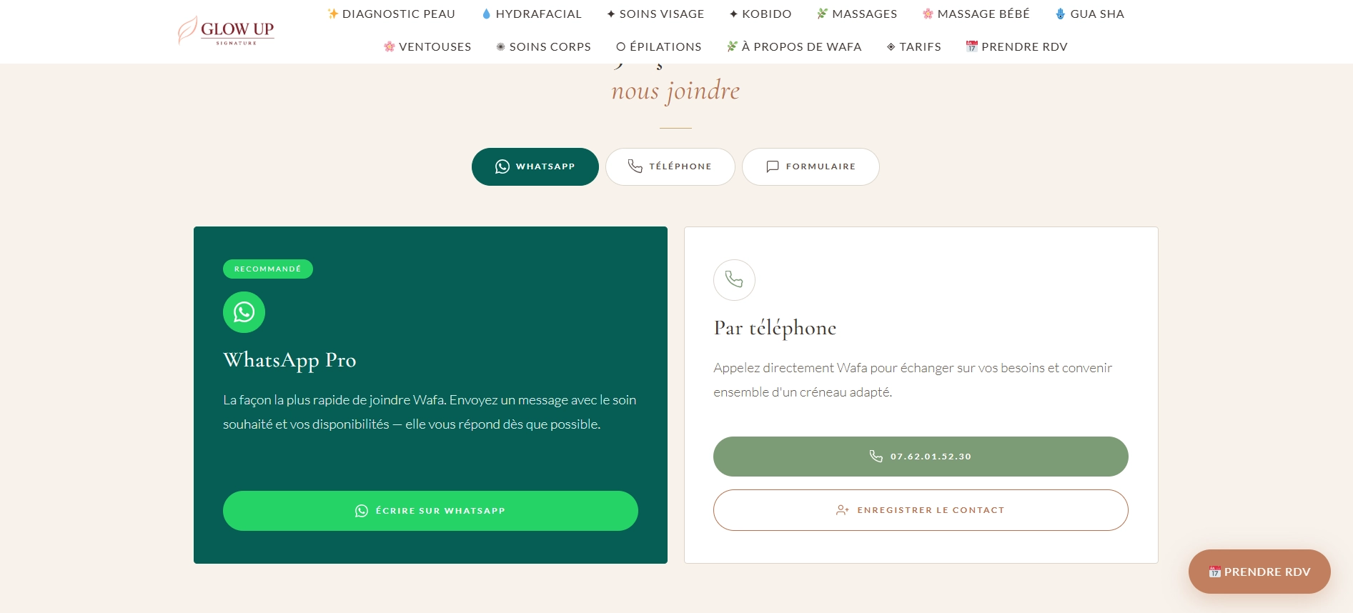 Aperçu de la page rendez-vous de glowupsignature.fr conçue par Kodio