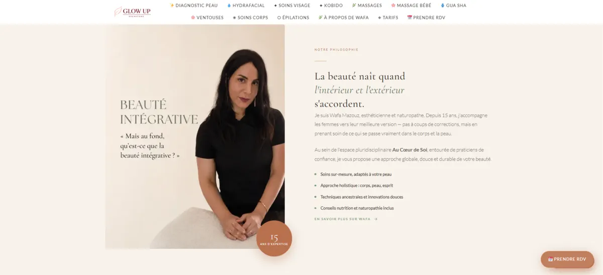 Capture d'écran de la page d'accueil de glowupsignature.fr, réalisée par Kodio