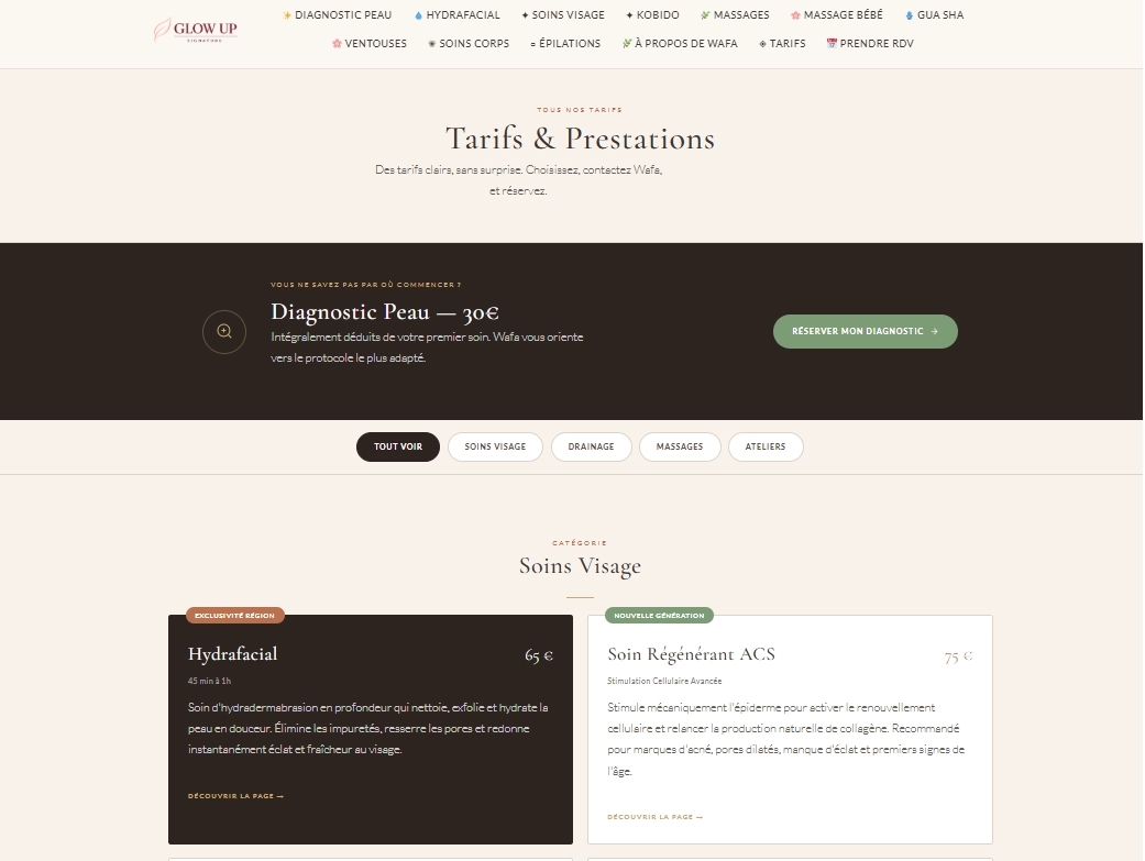 Capture d'écran de la page tarifs de glowupsignature.fr, présentant les prestations et leurs prix