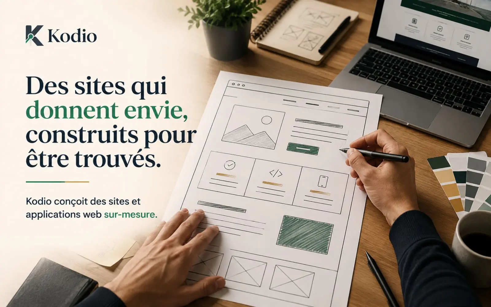 Mains esquissant la structure d'un site web sur papier, sur un bureau en bois