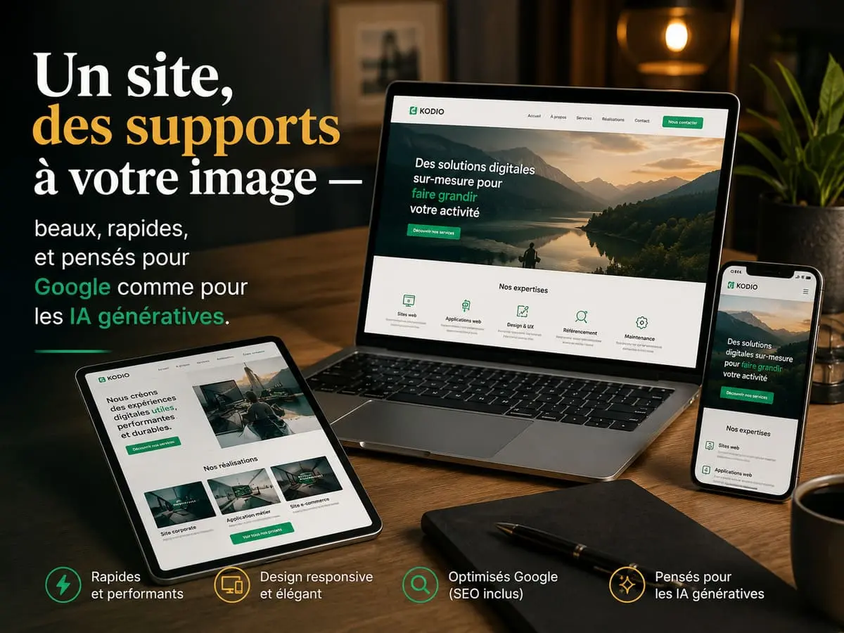 Ordinateur, tablette et téléphone affichant des interfaces web sur un bureau