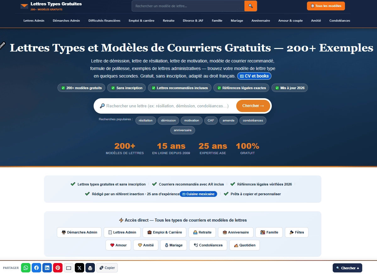 Capture d'écran du site lettres-types-gratuites.com, conçu par Hamoudi Aïfa